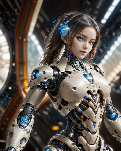 full_body, 1girl, mecha, glowing blue eyes, cute, biomechanical, complex robot, interior spaceship background in bokeh, hyper realistic, hyper detailed, intricate, insane fine details, crisp focus  <lora:compb0t:0.8>