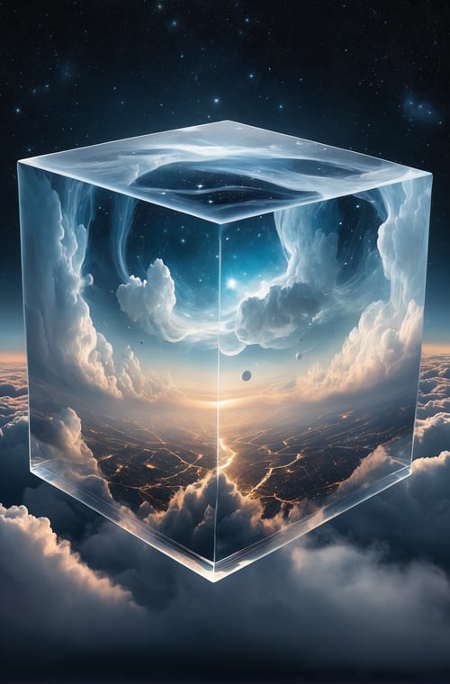 Bosch-style, a translucent cube traps eerie clouds, the starsscape warps, time distorts, surrealism reigns, stars, Glowing, sparkling 