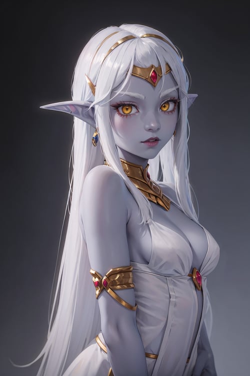 1girl,Azshara, elf ears, long ears, white hair, long hair, long brows, colored skin, blue skin, grey skin, yellow eyes, jewelry, (small breasts), arms on sides, (portrait:1.2), (upper body focus:1.35),white clothes, standing, simple background,<lora:Queen_Azshara_Elf__World_of_Warcraft:0.65>, beautiful character design, perfect eyes, perfect face, expressive eyes, perfect balance,official art, extremely detailed CG unity 8k wallpaper, perfect lighting, Colorful, Bright_Front_face_Lighting, (masterpiece:1.0),(best_quality:1.0), ultra high res,4K,ultra-detailed, photography, 8K, HDR, highres, absurdres:1.2, Kodak portra 400, film grain, blurry background, professional photograph, <lora:more_details:0.1>