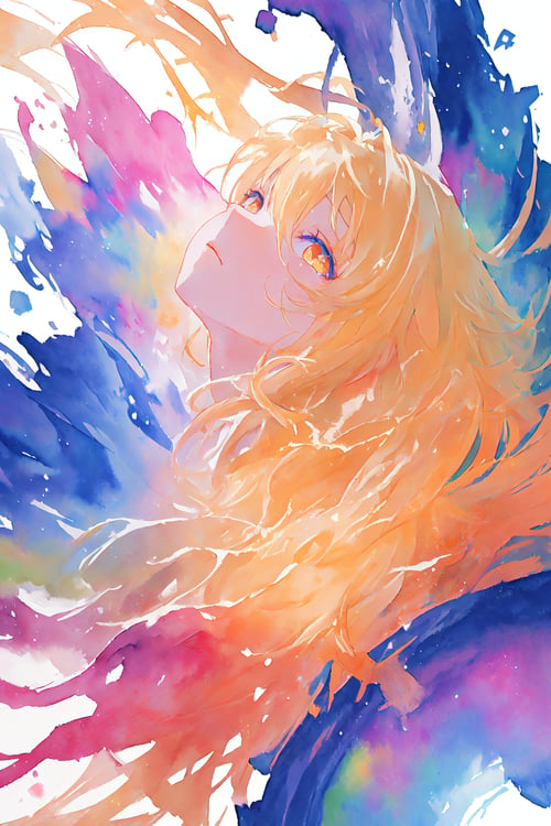abstract, splash, vibrant, white background, lights, volumetric lighting, rainbow, blonde hair, orange eyes, flowing hair, looking at viewer, looking up, abstract, paint, pastel, watercolor, particles, close up, sparkling eyes