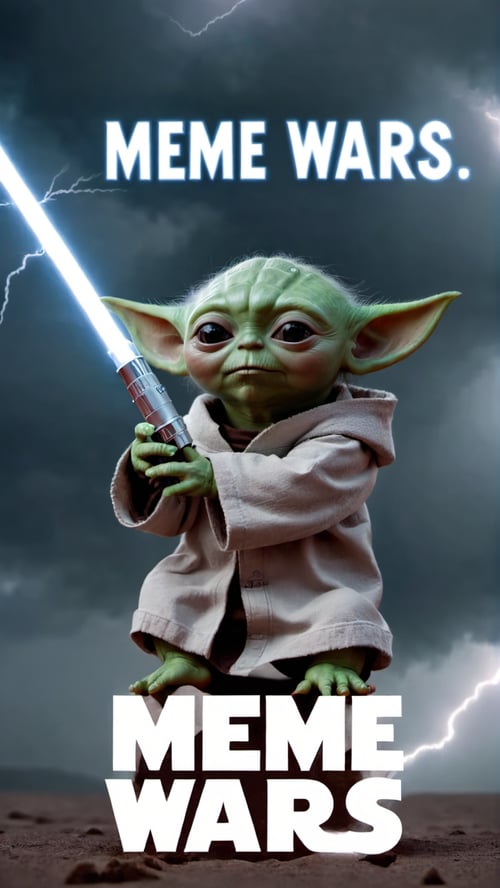 Photo of baby yoda holding his lightsaber to the sky getting struck by lightning with text that says "Meme Wars" <lora:xrayeffect:1> xrayeffect