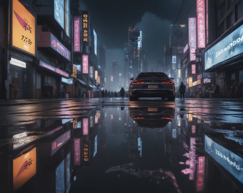 detailed landscape photo of a cyberpunk city ,reflecting puddles, epic night sky,, high quality photography, 3 point lighting, flash with softbox, 4k, Canon EOS R3, hdr, smooth, sharp focus, high resolution, award winning photo, 80mm, f2.8, bokeh