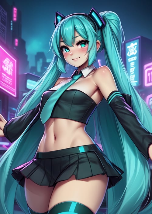 by Dragonfu, by Gofa, show by rock!!, (hatsune miku:1.25), dancing, young, half-length portrait, looking at viewer, three-quarter view, black short skirt, grey strapless crop top, black detached sleeves, cyan tie, BREAK, cyberpunk, vaporwave, tron:legacy, scoreboard, masterpiece, best quality, ultra realistic, 4k, 2k, film photography, RAW photo, photorealistic, analog style, subsurface scattering, photorealism, absurd res