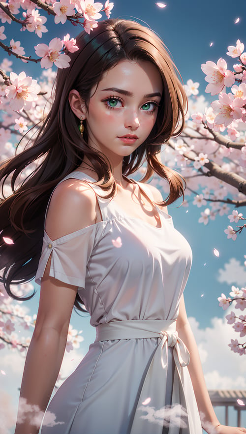 ((best quality)),((masterpiece)),ultra detailed background ((Cherry Blossoms)),(22 years old Spanish woman),medium breast,wearing flowing dress,golden brown flowing hair glamour,(green eyes),beautiful face,((white mists:1.4)),(pink dust:1.2),mysterious,mysteries of universe,yellow lightnings,volumetric lightnings,dark and blurry background,