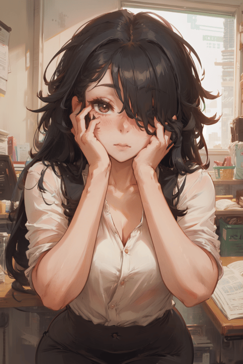 (masterpiece, best qualit)y, 1girl, office lady, black hair, long hair, hair over one eye, hands on own face, blush, shy, messy hair, 