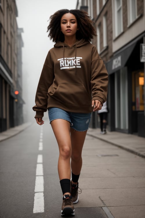 Medium view 8k photography, (Young woman walking in streetwear:1.2), Volumetric lighting enhancement, (Dynamic stride pose:1.3), Realistic hair texture, (Casual clothing:1.2), Earthy color palette, Bustling street scene, Foggy Scottish setting