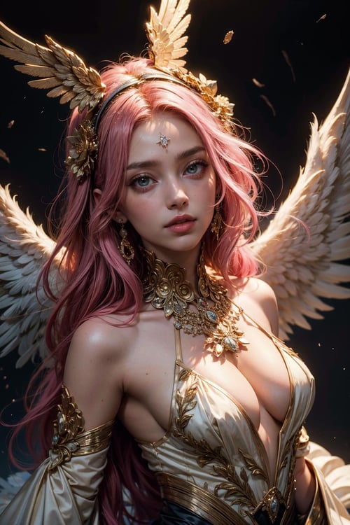 absurdres, (best quality:1.1), (masterpiece:1.2), beautiful detailed, (wide landscape, 8k), depth of field, highres, beautiful and aesthetic, High quality, beautiful, (zentangle, mandala, tangle, entangle:0.6), magical, pink hair, angel wings
