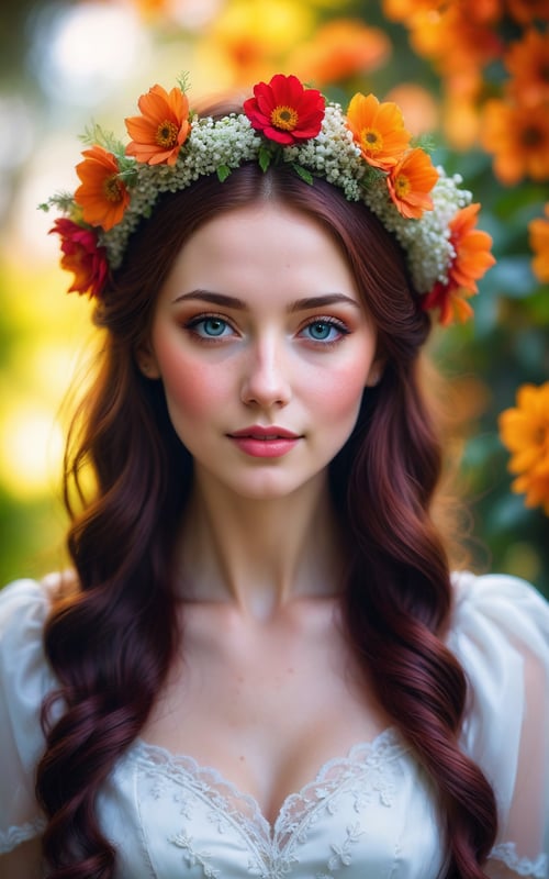 (best quality, 4k, 8k, highres, masterpiece:1.2), ultra-detailed, (realistic, photorealistic, photo-realistic:1.37),hyper realistic, 1girl,long hair,looking at viewer, cute smile, realistic proportions,blue eyes,hair ornament,dress,very long hair,flower,red hair,parted lips,necklace,white dress,orange hair,lips,blurry background,freckles,realistic,head wreath,orange flower,realistic portrait