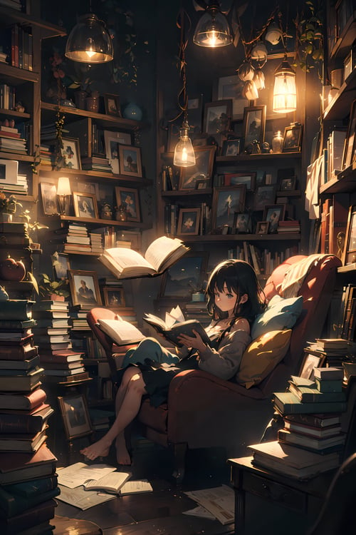 1girl, relaxing, Illustrate a cozy reading nook, filled with books, plush cushions, and soft lighting. Add magical elements like floating books, flying bookmarks, or characters stepping out of the pages.