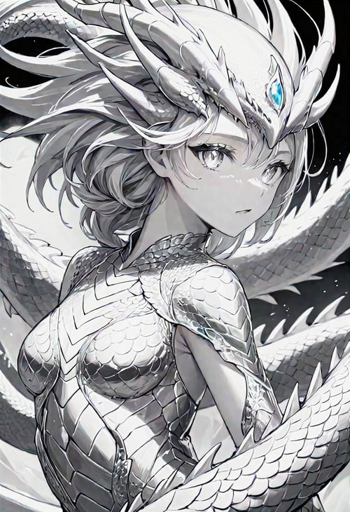 a beautiful silver-white biometric dragon, anime, manga, (lineart), (monochrome), black and white, (colorless), lineart, LineAniAF