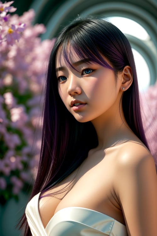 Photorealistic 8k photography, Low angle surreal digital painting, (Symmetrical composition:1.3), Young Asian girl with expressive blue eyes, Flowing dark hair, (Balanced visual harmony:1.2), Airy complexion, Subtle blush, Realistic textures, Holding white cat, Abstract swirls, Minimal indistinct clothing, Dreamlike atmosphere, Vibrant color swirls, Soft pastels background, Dynamic blues, Pinks, Purples, Soft diffuse lighting, Serene ambiance