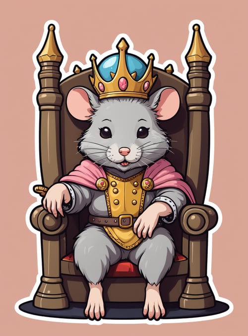 (closeup rat king in his throne), Sticker, Cute sticker, Kawaii sticker, die-cut, plain background, illustration minimalism, vector, pastel colors, kawaii