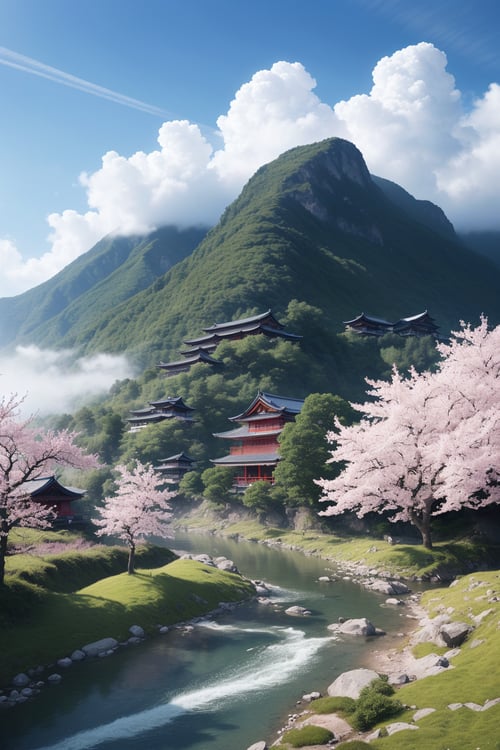 (ultra high res:1.4), (masterpiece), (beautiful lighting:1.4) , lush greenery and mountains, japanese buildings, thick fog in the valley, cherry trees blossoming, Bright sunlight illuminates the crystal-clear water, anime, beautiful sky with clouds, depth, chinese dragon flying,
