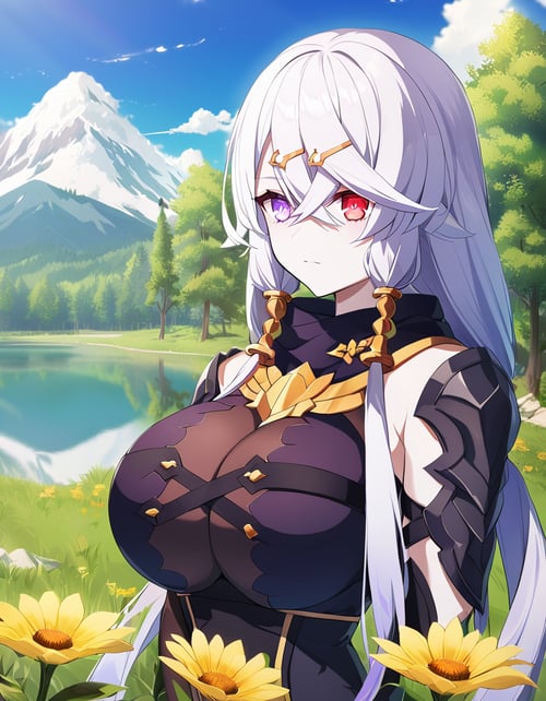 1girl, lila,breasts, heterochromia, solo, large breasts, hair ornament, red eyes, outdoors, long hair, crossed bangs, tree, twintails,  pale skin, holding, bodysuit, closed mouth, bangs, cleavage, hair between eyes, low twintails, upper body, purple eyes, hairclip, white hair, outdoors, no humans, scenery, flower, sky, cloud, day, nature, yellow flower, reflection, mountain, blue sky, tree, grass, water, lake, forest, field, cloudy sky, landscape, mountainous horizon, reflective water <lora:my_lilaXL:0.8>