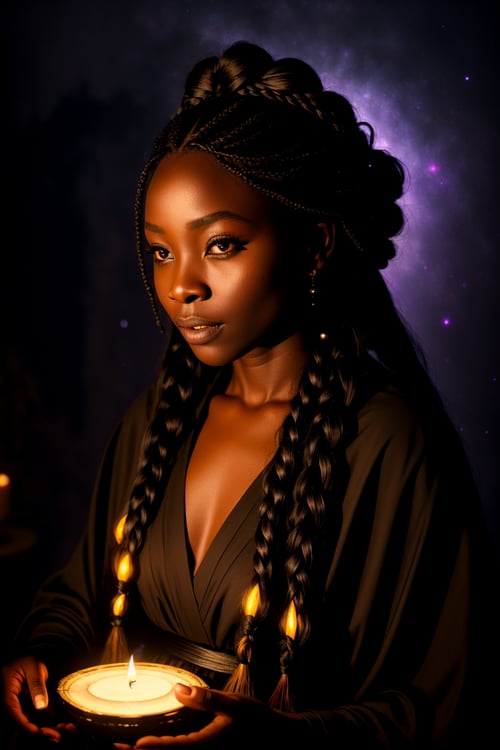 Wide angle oil painting, (Enigmatic Kenyan Fairytale Witch casting spell:1.2), Rule of thirds composition, Flowing robes, Magical aura, (Mystical Galaxy Braid:1.3), Mysterious gaze, Embarrassed expression, Shadowed features, Velvety textures, (Moonlit Palace backdrop:1.2), Luminous crescent light, Eerie shadows, Captured with a 50mm Bokeh lens