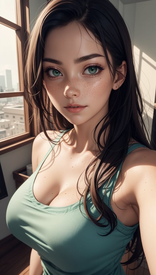 instagram selfie,upper body,a 23 year old gorgeous woman,busty,slight smirk,detailed skin face and eyes,natural lighting,at home,long hair,low contrast,natural face,freckles,brunette hair,green eyes,