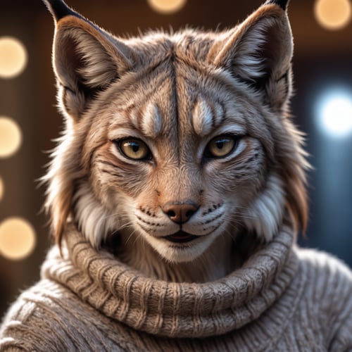 Closeup of an anthro furry lynx female wearing a wool sweater, high quality photography, 3 point lighting, flash with softbox, 4k, Canon EOS R3, hdr, smooth, sharp focus, high resolution, award winning photo, 80mm, f2.8, bokeh