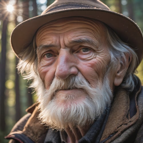 Closeup Photo Portrait an old wanderer in a mountain forest, detailed light, high quality photography, 3 point lighting, flash with softbox, 4k, Canon EOS R3, hdr, smooth, sharp focus, high resolution, award winning photo, 80mm, f2.8, bokeh