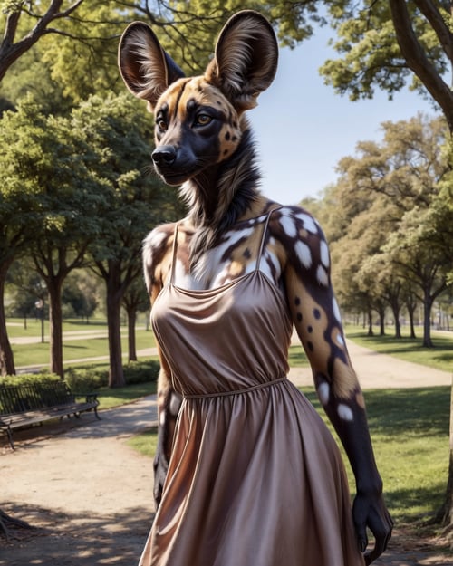 anthro, african wild dog, solo, female, adult, dress, realistic fur, detailed background, park background, hyper realism, RAW photo, (realism, photorealistic:1.3), detailed, hi res,