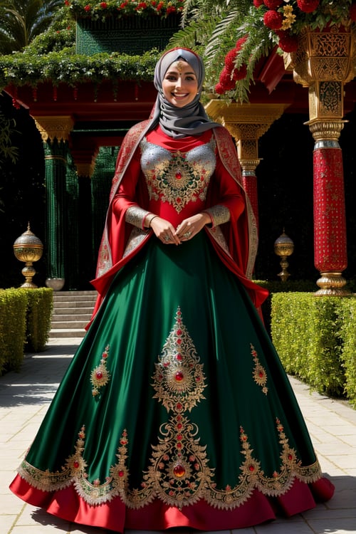 Full-body hyper-realistic oil painting, (Smiling 25-year-old German woman adorned in hejab and red ballgown:1.2), Centered composition, Blue-eyed beauty, Silver jewelry, (Intricate face tattoos:1.2), Lush garden setting, Green flowers, Graceful trees, (Dynamic posing:1.3), Cinematic lighting, Ultra-detailed features, Detailed Arabic face, (Confidence and grace:1.4)