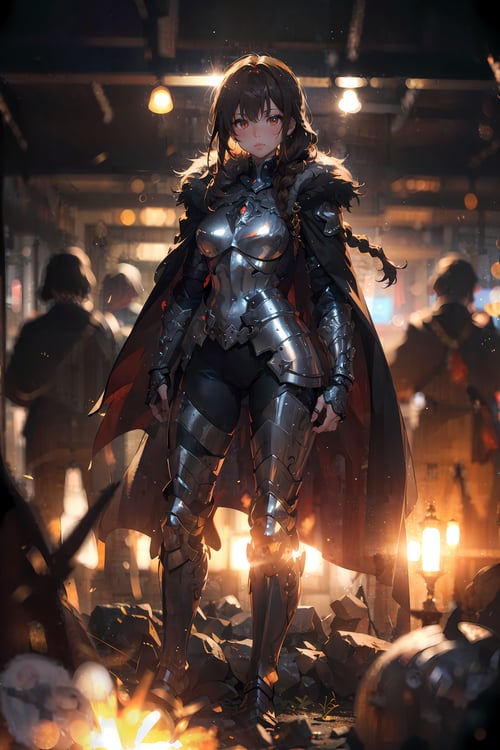 1girl, full body, metal armor, chainmail, fur-trimmed cape, braid, brown hair, red eyes, pants, pose, (solo focus, depth of field, ambient lighting, blurry foreground, blurry background:1.3), atmospheric, light flares, intricate details, enhanced lighting,
