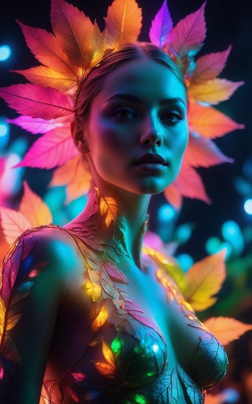(best quality,8K,highres,masterpiece), ultra-detailed, (leaf woman), a woman crafted from vibrant leaves, illuminated by a neon glow. The leaves form the outline of her figure, creating a colorful and transparent portrait that radiates with natural beauty. Neon lights accentuate her features, casting a vibrant glow that adds to the surreal and captivating nature of the scene. The combination of the organic leaf elements and the neon glow results in a visually stunning and ethereal portrayal of the woman.