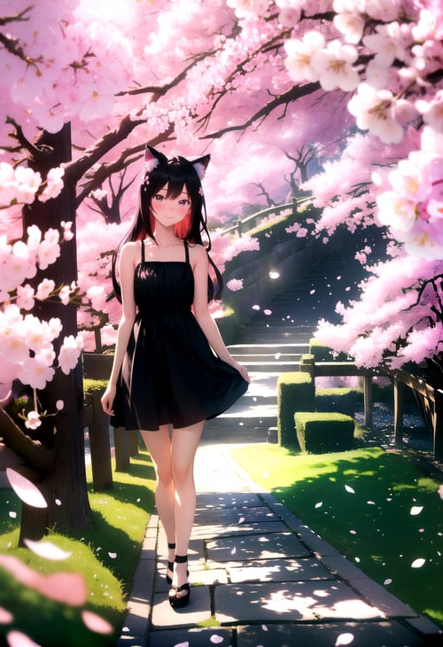 masterpiece, best quality, highres, booru, 1girl, solo, cat ears, long hair, dress, bare shoulders, looking at viewer, blush, light smile, scenery, cherry cherry blossoms, flowers, petals, depth of field,