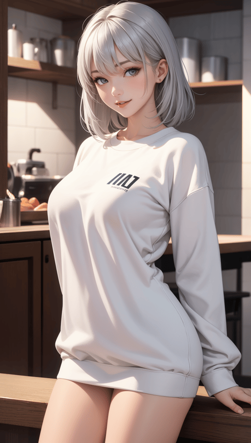 masterpiece, best quality, 1girl, silver hair, silver eyes, large breasts, Oversized sweatshirt, happy, looking at viewer