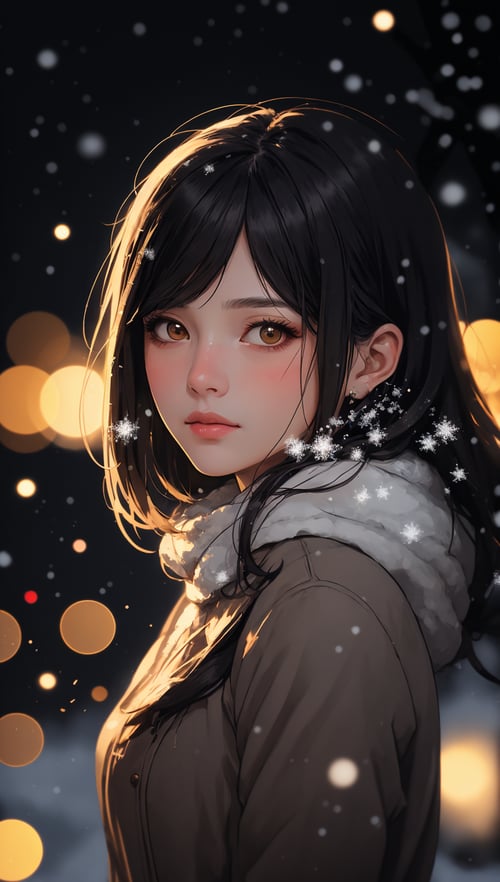 (portrait),masterpiece,best quality,ultra-detailed,illustration,woman,portrait snowing,night,bokeh ((facing viewer)),<lora:Festive_Bokeh_Anime:0.8>,