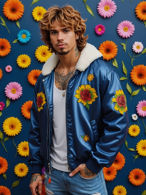 a bombastic shaggy from scooby doo standing in a oversized navy blue fluffy shiny polyester jacket, white shirt, (piercing and tattoos:1.2), ripped jeans, graphical details, photograph of high definition 8K best quality, maximalist graphic novel background full of characters and vector 2D flowers and patterns