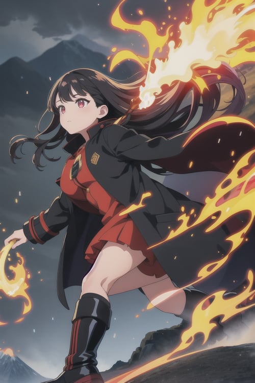masterpiece, best quality, 1girl, solo, mountain, extremely detailed, fire, fire swirl, long coat, black coat, ankle boots, outdoors, thunder, rain, glowing, glowing eyes, upper body