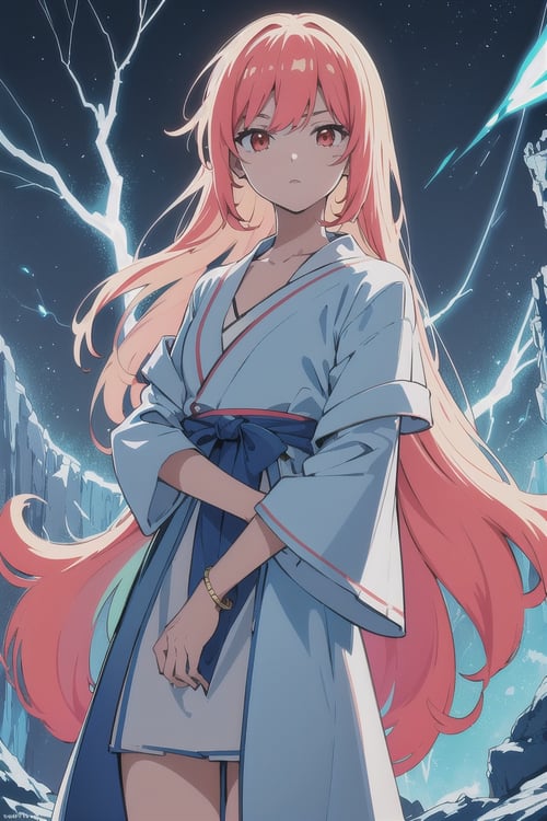 (flat color:1.3),(colorful:1.3),(masterpiece:1.2), best quality, original, extremely detailed wallpaper, looking at viewer, upperbody shot of a girl infused with lightning, fully clothed with blue long robe, highly detailed, extremely detailed, red eyes, electric, red moon, Rays of Shimmering Light, Cinematic Lighting, Matte, Stone, Milky Quartz, Opalite, Jewelry, Silk, Feathers, Water splash, Fog, Electric, Electricity, sparks, lensflare, rim lighting, backlighting, Bracelet, Chromatic Aberration, RTX, Post Processing