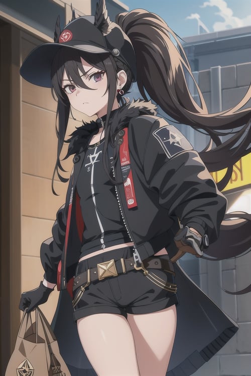 best quality, masterpiece, high quality, 1girl, solo, cross earrings, fur hat, safety gloves, pentacle, plague doctor mask, long hair, (hair between eyes), (FF8B00 front ponytail), Ice wings, determined face, Bank, teller, ATM, deposit, loan, (Fringe top, Paperbag shorts, Bomber jacket)