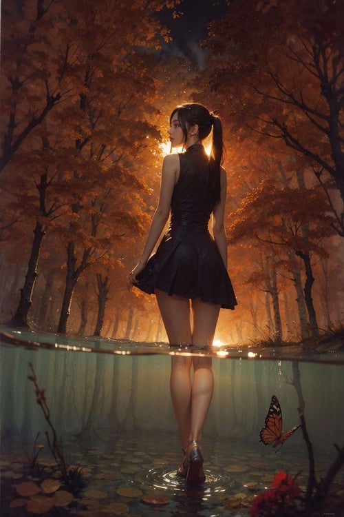 (RAW photo, best quality), high detailed skin, outdoor, Standing in the middle of the water, reflection, backlighting,dark forest, butterfly around,turn around, ankles submerged in water, solo, small breasts, bare legs, adorable girl, twintails, long_hair, red eyes, hairband,fantasy, high contrast, ink strokes, explosions, over exposure, purple and red tone impression , abstract, ((watercolor painting by John Berkey and Jeremy Mann )) brush strokes, negative space,