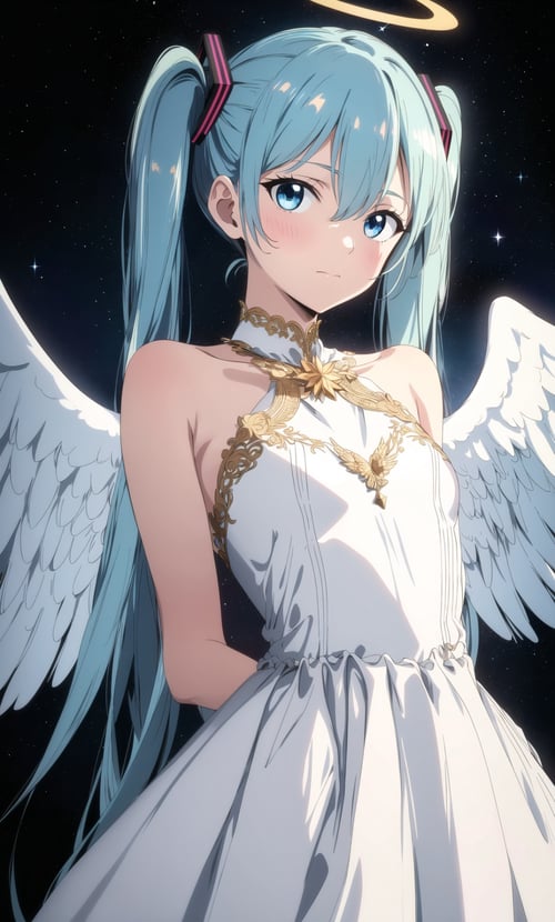 masterpiece, best quality, hatsune miku, white gown, angel, angel wings, golden halo, dark background, upper body, (closed mouth:1.2), looking at viewer, arms behind back, blue theme, stars, starry night