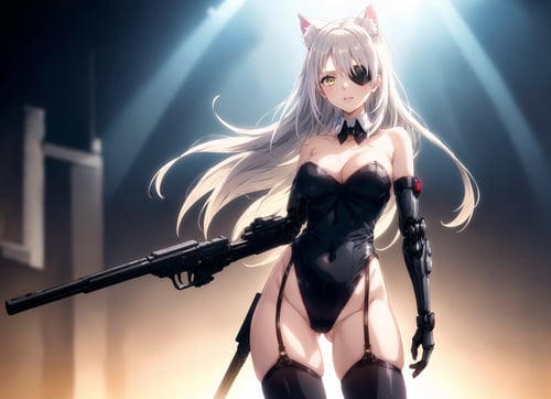 cgmech,1girl, weapon, long hair, breasts, leotard, solo, gun, holding, thighhighs, holding weapon, very long hair, garter straps, holding gun, ass visible through thighs, animal ears, bare shoulders, looking at viewer, white hair, mechanical arms, black leotard, standing, outdoors, black thighhighs, cowboy shot, elbow gloves, cleavage, medium breasts, single mechanical arm, gloves, parted lips, dual wielding, strapless, highleg leotard, legs apart, building, arms at sides, cable, lips, day, large breasts, cat ears, science fiction, highleg, covered navel, detached collar, strapless leotard, handgun, arm at side, bangs, yellow eyes, fake animal ears, black gloves, cyborg, eyepatch, parted bangs, backlighting, headgear, global illumination, hdr, ((film grain, blurry background, blurry, glow, natural light, intense sunlight)), scifi, glow, radiosity, ((masterpiece, best quality)),  <lora:cgmechmix_offset:1><lora:more_details:0.3> 