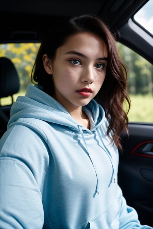 RAW photo, a 22-year-old-girl, upper body, selfie in a car, blue hoodie, inside a car, driving, lipstick, soft lighting, high quality, highres, sharp focus, extremely detailed, (sunlight on face), beautiful detailed eyes, masterpiece, cinematic lighting, dslr, Fujifilm XT3

