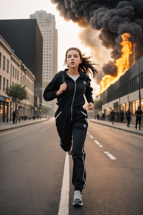masterpiece, beautiful teen girl, running, runaway, city (fire1.3), scared, backpack, jumpsuit, black hair