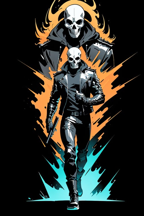 RAW image, Epic scene, Masterpiece, (((Vector))), ((Comics style)), ((Full body)), ((best quality)), ((masterpiece)), ((realistic)), (detailed), (Man with skull instead of a head:1.2) (playing the electric guitar:1.0) (wearing the black leather jacket:1.0) flames, detailed digital art, trending on artstation, concept art, unreal engine, hyper detailed, volumetric light, moody cinematic epic concept art, realistic matte painting, cinematic epic, insanely detailed, , ((masterpiece)), absurdres, HDR, (((Vector))), ((Full body)), ((Comics style)),