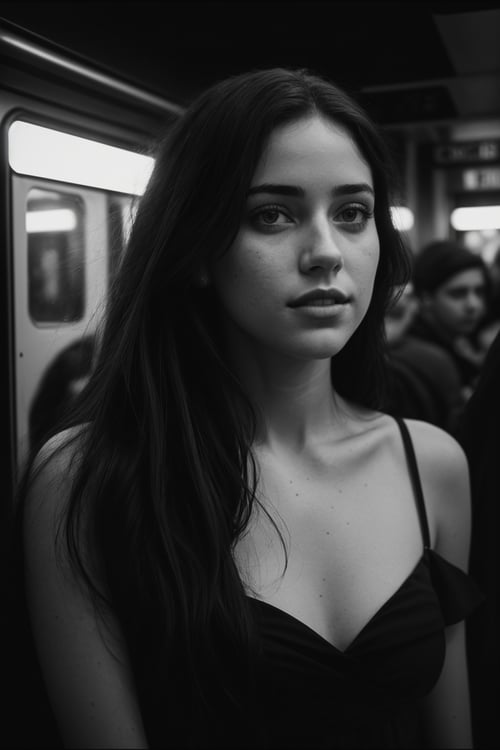 Best quality, masterpiece, ultra high res, (photorealistic:1.4), raw photo, ((monochrome)), ((grayscale)), black and white photography, street photography, trending on flickr, 1girl, offshoulder, in the dark, deep shadow, low key, cold light, deep contrast, bokeh, depth of field, (looking at viewer, softly smiling), a photo of a inside a subway car holding her cellphone, wall full of grafittis, Drew Tucker, award-winning photograph, a black and white photo, neoism, background crowds, people in backgrounds, ((upper body)), ((straight photo)),
,realism,realistic,raw,analog,woman,portrait