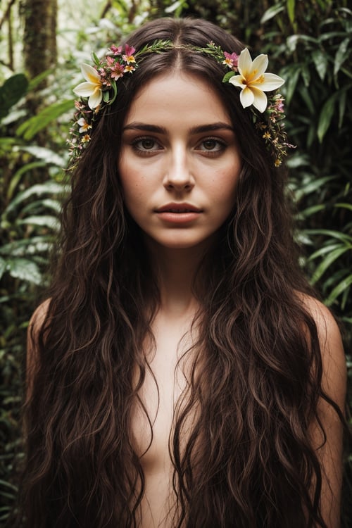 Masterpiece, intricate details, woman in rainforest, flowers in the hair, birds,realism,realistic,raw,analog,woman,portrait