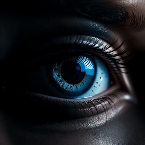 style of Tyler Shields, blue eye, close up, macro, black background, realistic, detailed, photography, thematic background, ambient enviroment,perfecteyes