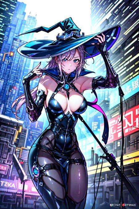 masterpiece, best quality, 1girl,cyberpunk, <lora:Cyberpunk-000010:1>,witch,city,medium breasts, 