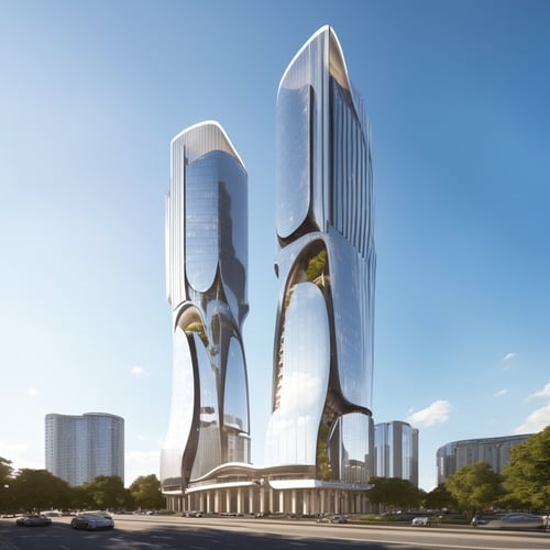 (masterpiece),(high quality), best quality, real,(realistic), super detailed, (full detail),(4k),8k,day,The tall building seems to stretch toward the sky, and it is composed of graceful arcs and flowing curves, presenting a unique sense of design. The material of the facade is very delicate, with fine stone mixed with smooth glass,