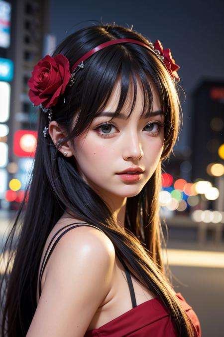 <lora:GirlfriendMix2:1>1girl, Tokyo street,night, cityscape,city lights, upper body,close-up, 8k, RAW photo, best quality, masterpiece,realistic, photo-realistic,headgear of red rose, parted bangs, long hair, 