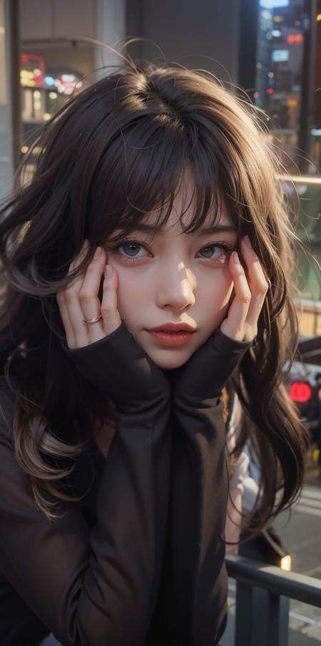<lora:GirlfriendMix2:1.4>，1girl, Tokyo street,night, cityscape,city lights, upper body,close-up, 8k, RAW photo, best quality, masterpiece,realistic, photo-realistic, parted bangs, long hair,front cover，put  face in two hands