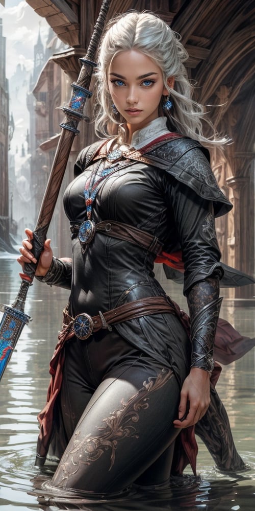1girl, 8k, intricate, elegant, highly detailed, majestic, digital photography, broken glass, (masterpiece, sidelighting, finely detailed beautiful eyes: 1.2), hdr, full_body, magic wand, water binder, fantasy girl, mage, witcher, seductive_pose