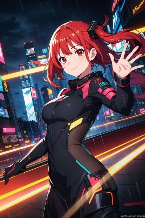 masterpiece, best quality, 1girl, solo, night, colorful, cityscape, cyberpunk, light smile, city pop, vector illustration, red eyes, rain, thunder, dynamic pose, (official art, beautiful and aesthetic:1.2), (1girl), extreme detailed,(fractal art:1.3), colorful,highest detailed, RTX