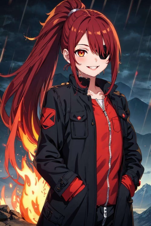 masterpiece, best quality, 1girl, solo, mountain, extremely detailed, fire, fire swirl, long coat, black coat, ankle boots, outdoors, thunder, rain, glowing, very long hair, ponytail, ((eyepatch)), ((hands in pocket)), ((yandere smile:1.3)), glowing eyes, upper body