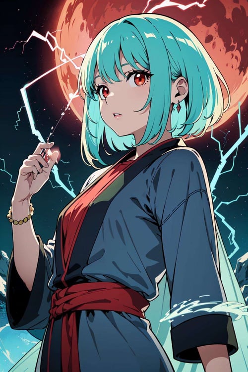 (flat color:1.3),(colorful:1.3),(masterpiece:1.2), best quality, original, extremely detailed wallpaper, looking at viewer, upperbody shot of a girl infused with lightning, fully clothed with blue long robe, highly detailed, extremely detailed, red eyes, electric, red moon, Rays of Shimmering Light, Cinematic Lighting, Matte, Stone, Milky Quartz, Opalite, Jewelry, Silk, Feathers, Water splash, Fog, Electric, Electricity, sparks,  lensflare, rim lighting, backlighting, Bracelet, Chromatic Aberration, RTX, Post Processing